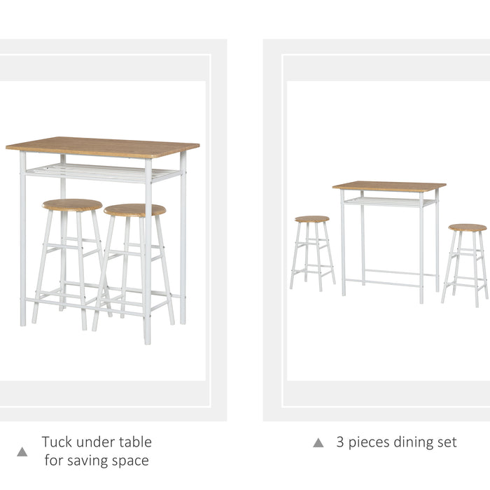 Bar Table Set, Bar Set-1 Bar Table and 2 Stools with Metal Frame Footrest and Storage Shelf for Kitchen, Dining Room, Pub, Cafe, White and Oak