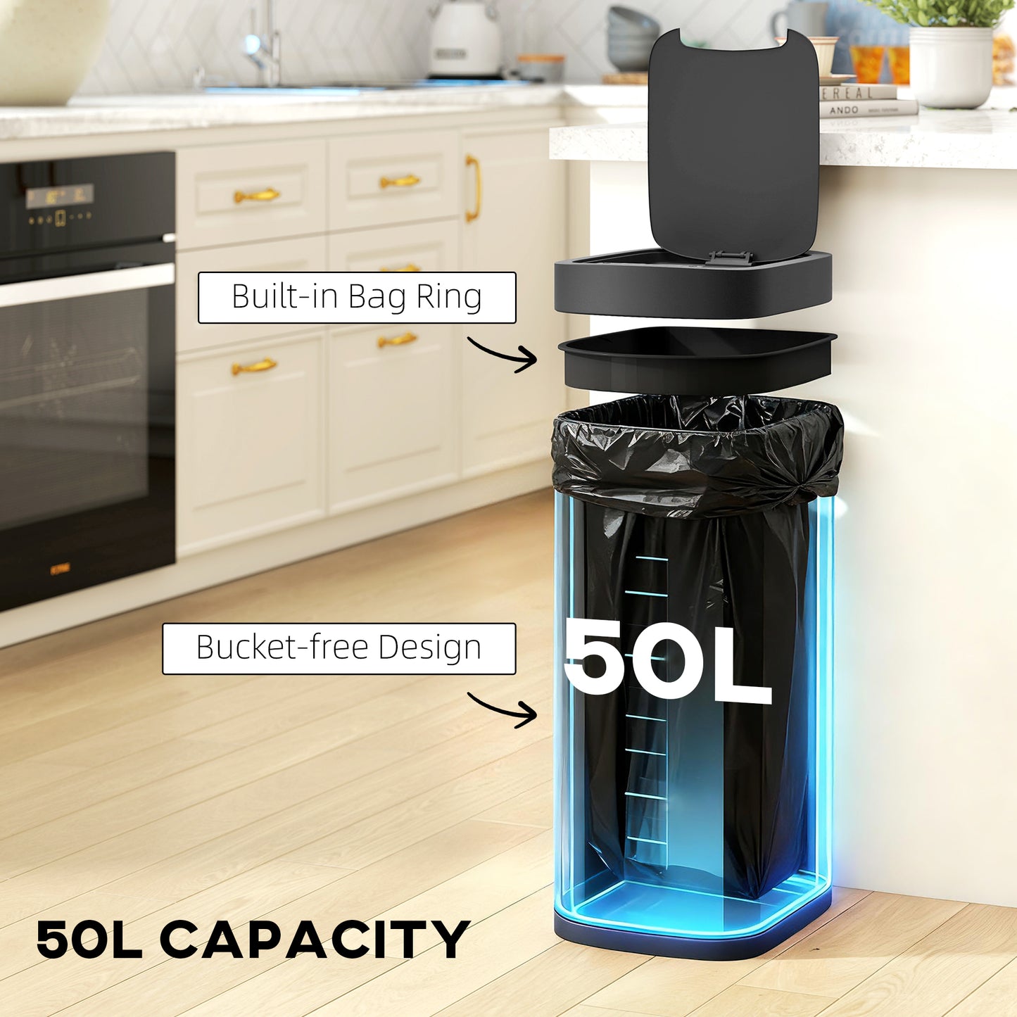 50L Sensor Bin, Touchless Kitchen Bin, Battery Operated, Black