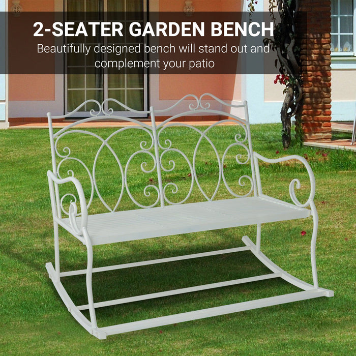 Patio 2 Seater Rocking Bench Steel Garden Outdoor Garden Loveseat Chair w/ Decorative Backrest White