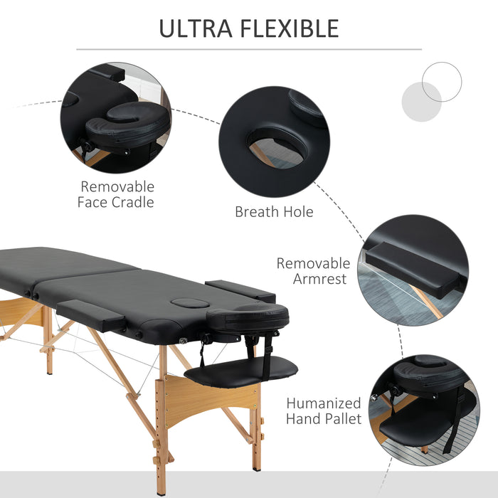 Portable Massage Bed, Folding Spa Beauty Massage Table with 2 Sections, Carry Bag and Wooden Frame, Black