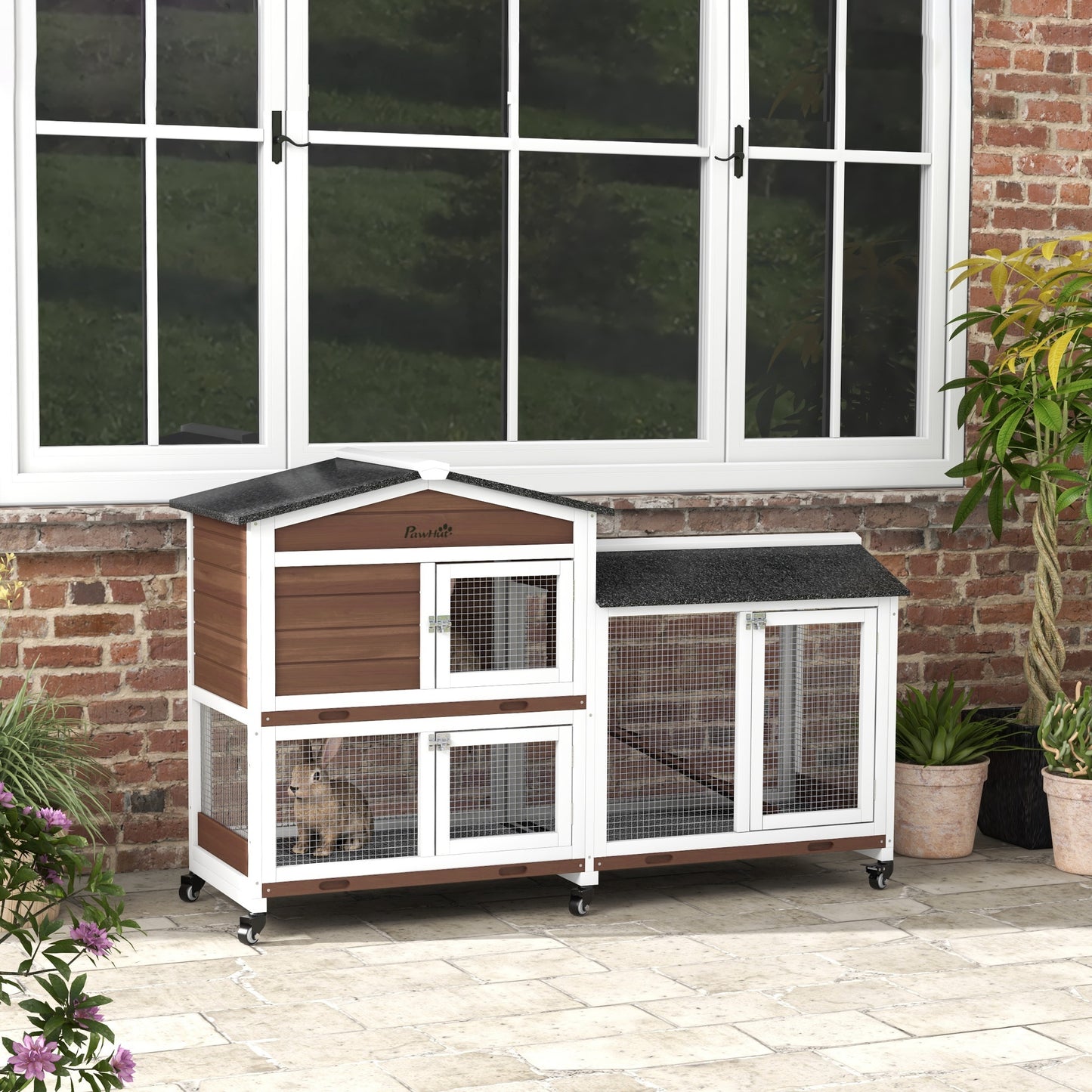 Rabbit Hutch, Bunny Cage Outdoor 2-Tier w/ Wheels & Tray, Brown