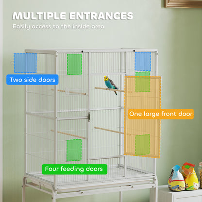 Bird Cage with Detachable Wheeled Stand, Shelf and Wooden Perches - White