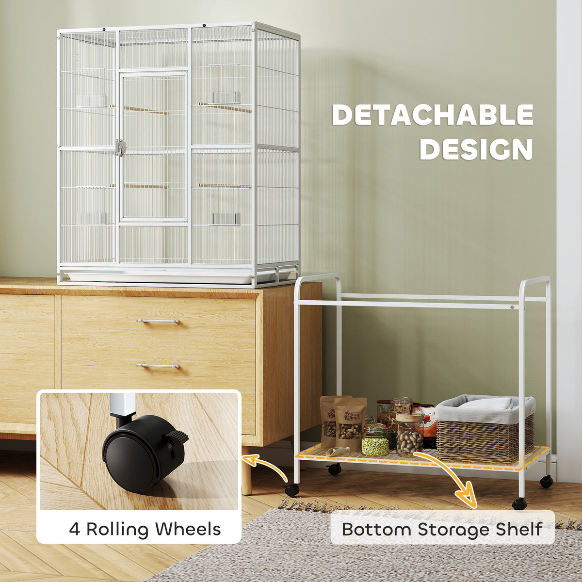 Bird Cage with Detachable Wheeled Stand, Shelf and Wooden Perches - White