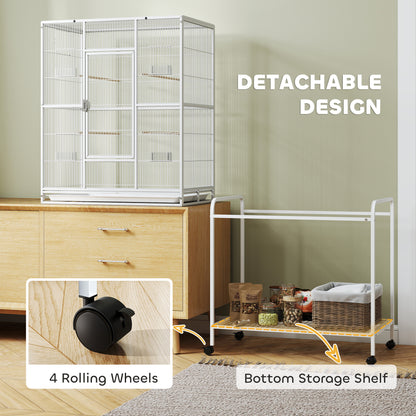 Bird Cage with Detachable Wheeled Stand, Shelf and Wooden Perches - White