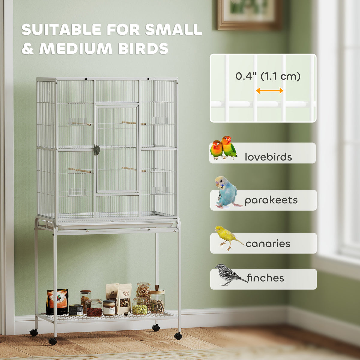 Bird Cage with Detachable Wheeled Stand, Shelf and Wooden Perches - White