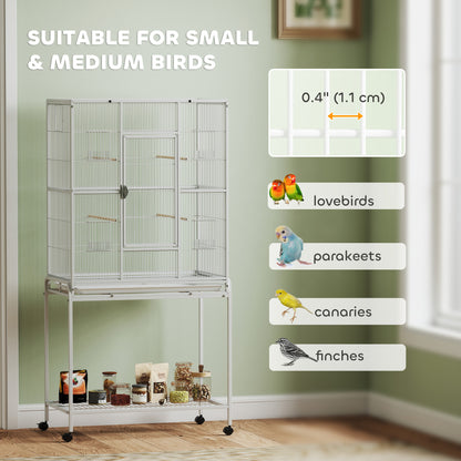 Bird Cage with Detachable Wheeled Stand, Shelf and Wooden Perches - White