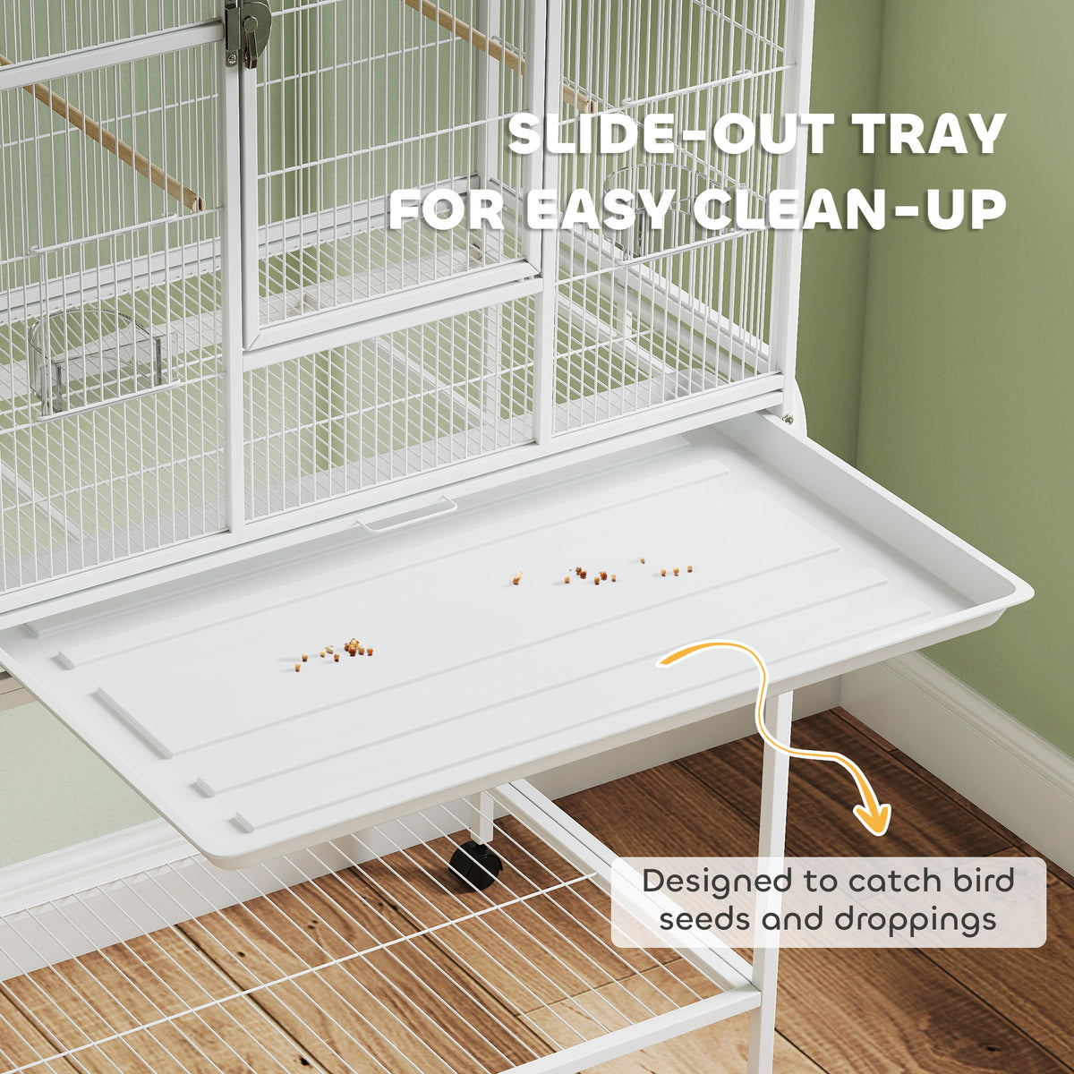 Bird Cage with Detachable Wheeled Stand, Shelf and Wooden Perches - White