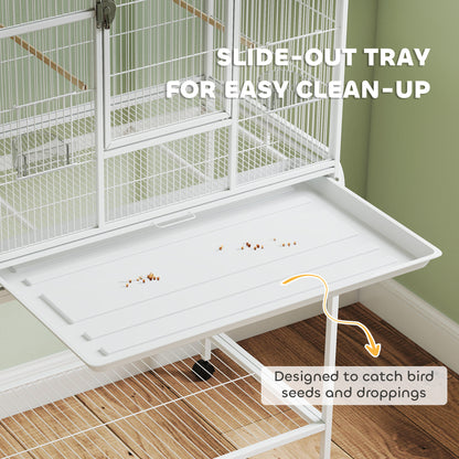 Bird Cage with Detachable Wheeled Stand, Shelf and Wooden Perches - White