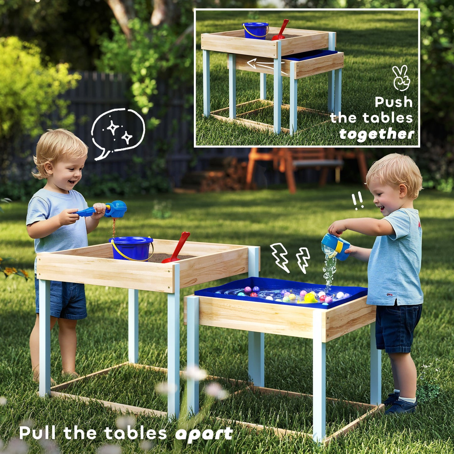 2 PCS Wooden Sandpits, Sand and Water Play Tables with Bottom Liner