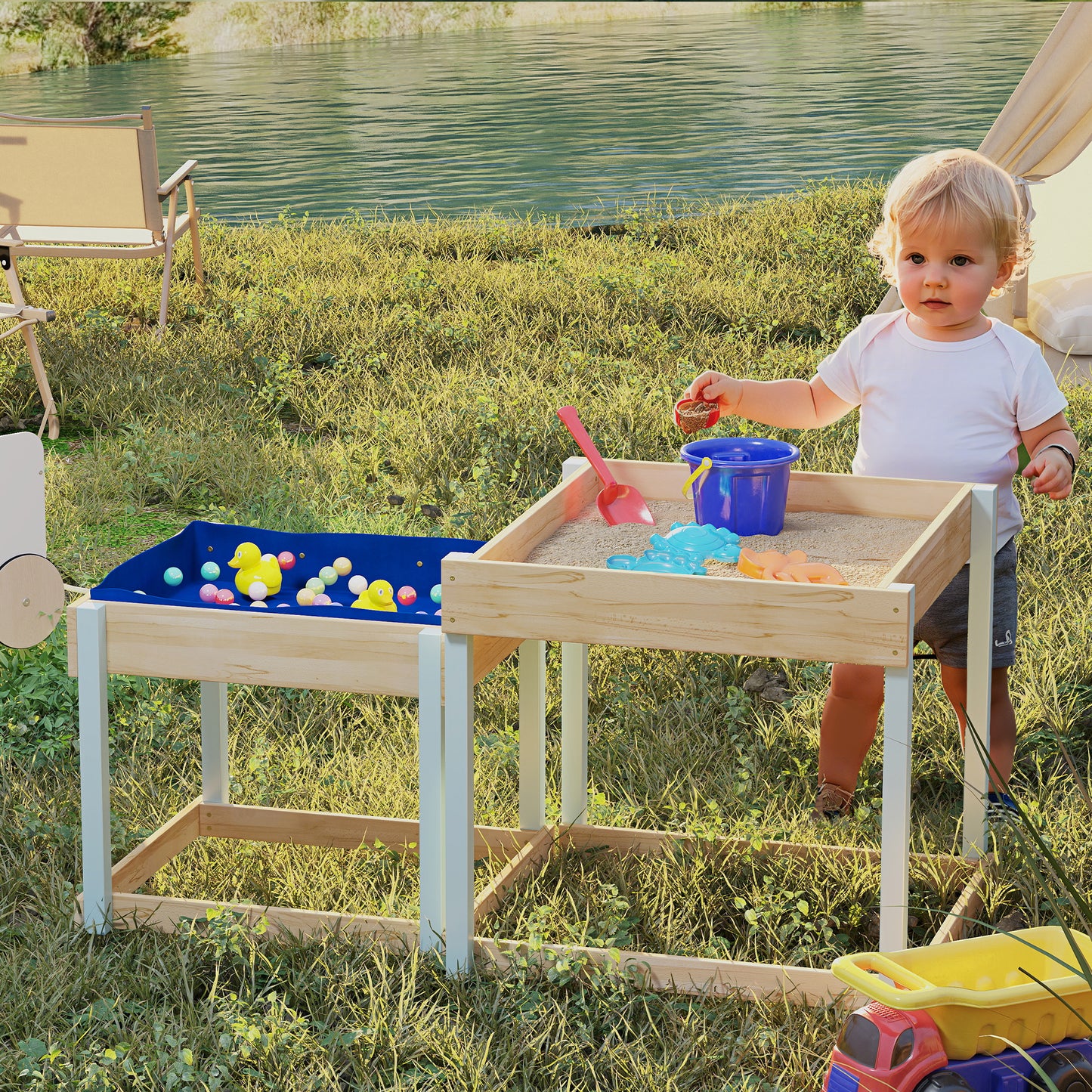 2 PCS Wooden Sandpits, Sand and Water Play Tables with Bottom Liner