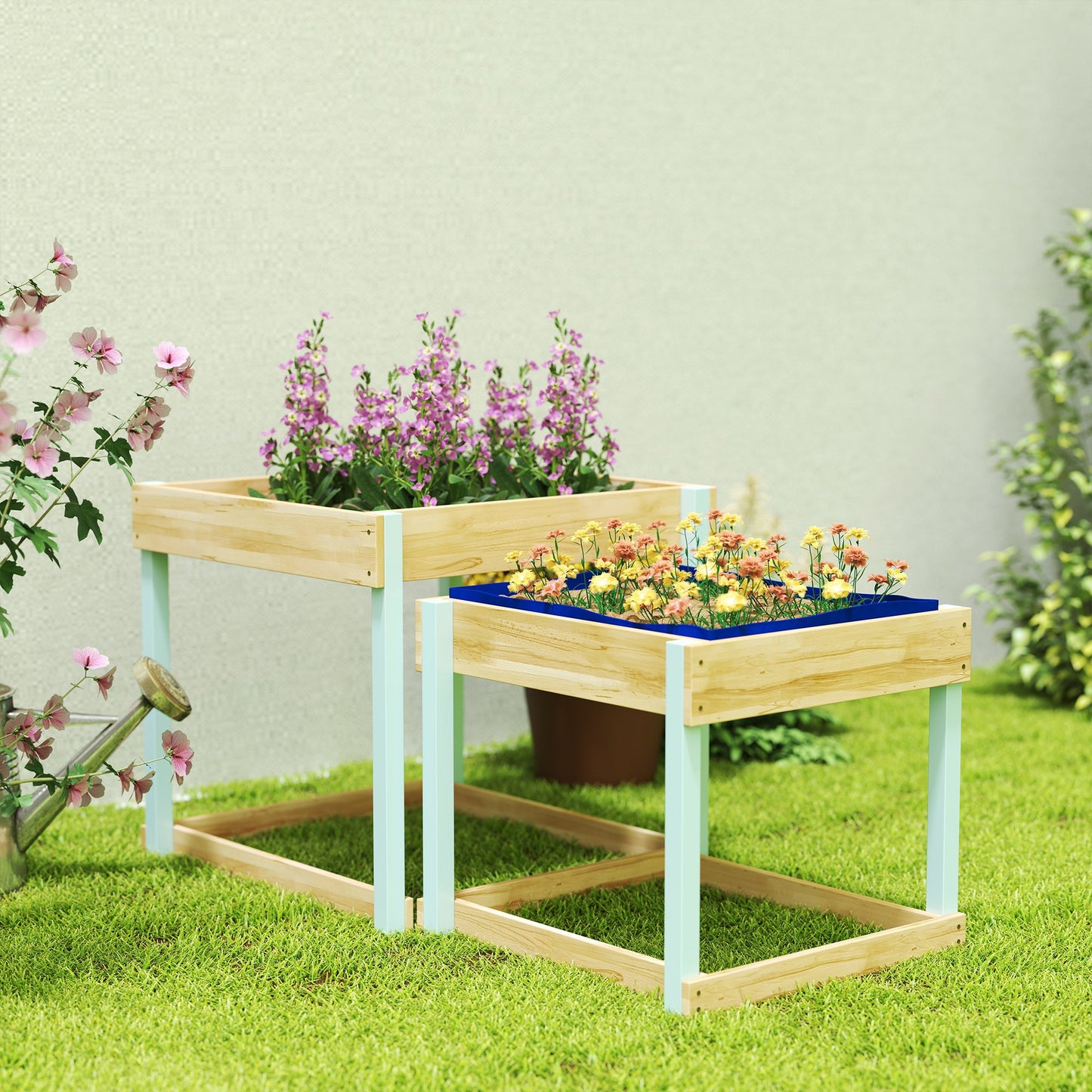2 PCS Wooden Sandpits, Sand and Water Play Tables with Bottom Liner