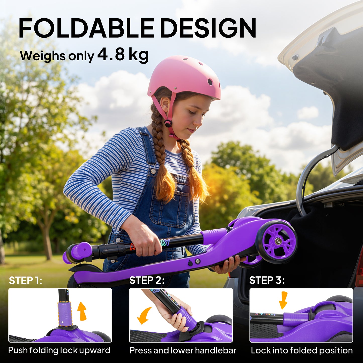 Electric Scooter for Kids, 3 Wheel Foldable Kids Scooter, Purple