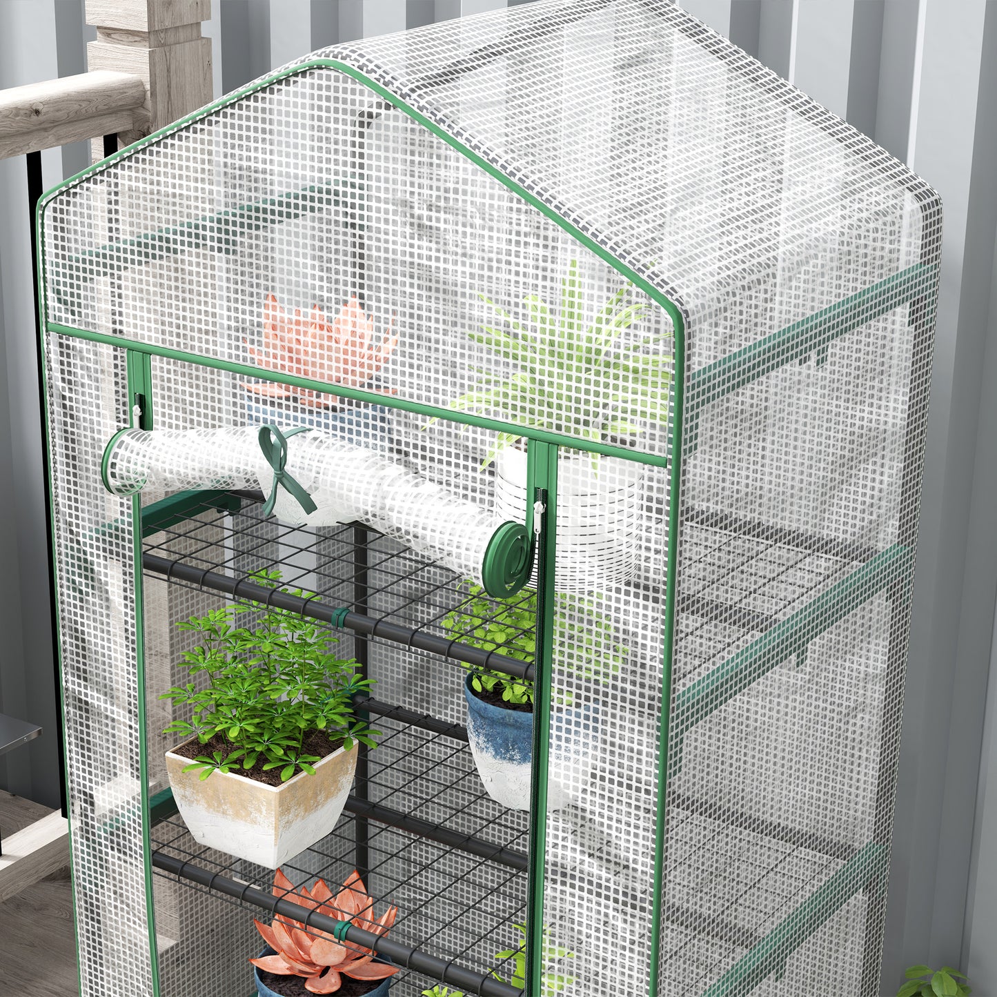 5 Tier Mini Greenhouse Grow House w/ Roll Up Door, White/Green