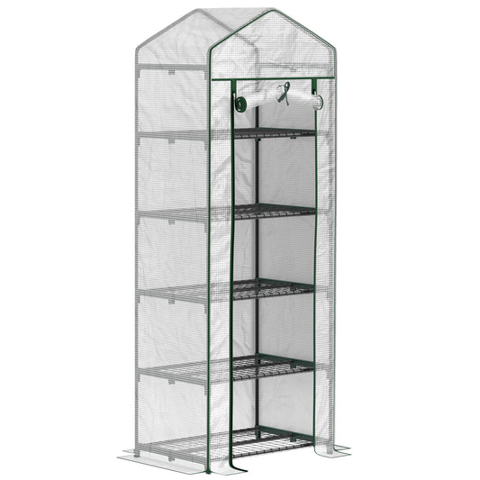5 Tier Mini Greenhouse Grow House w/ Roll Up Door, White/Green
