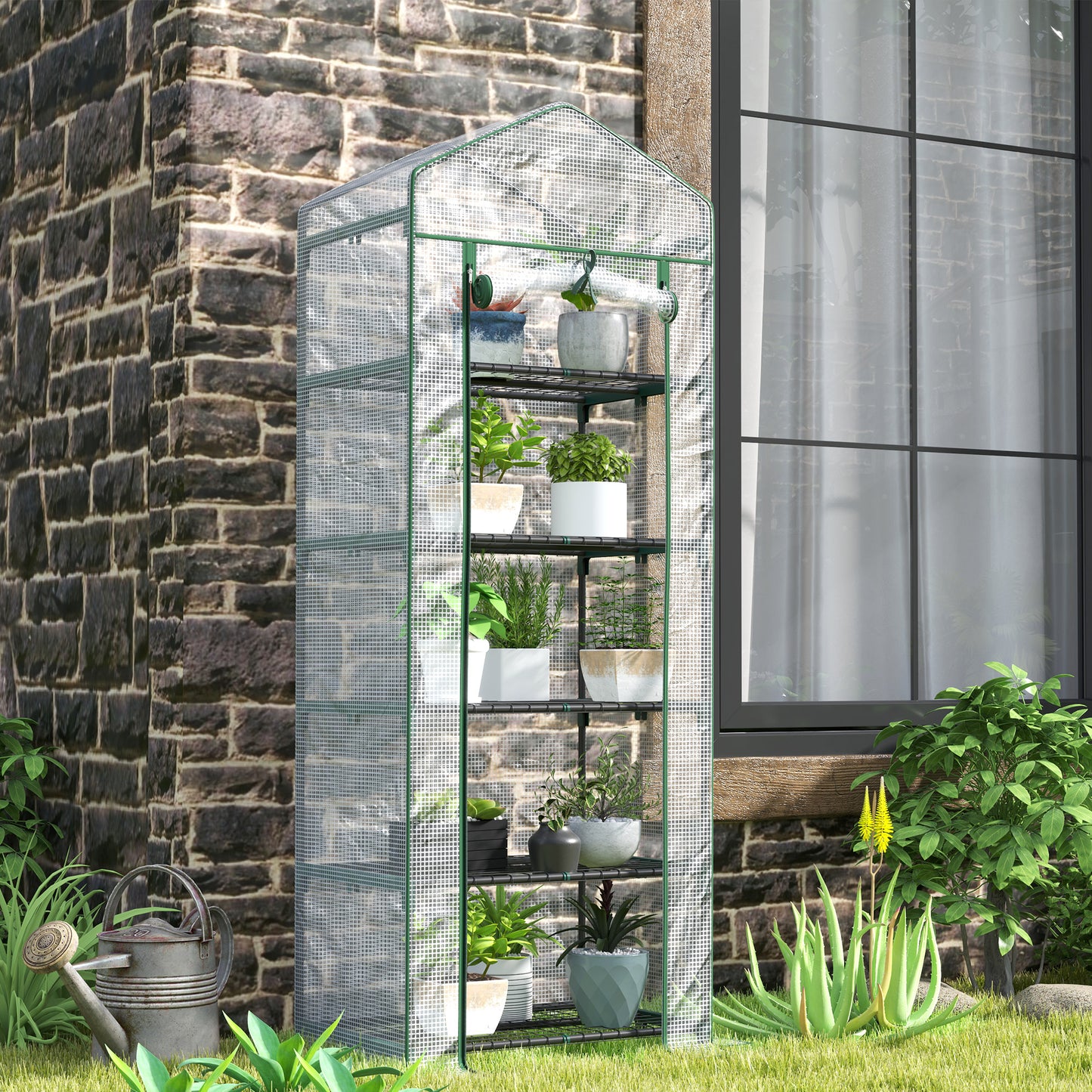5 Tier Mini Greenhouse Grow House w/ Roll Up Door, White/Green