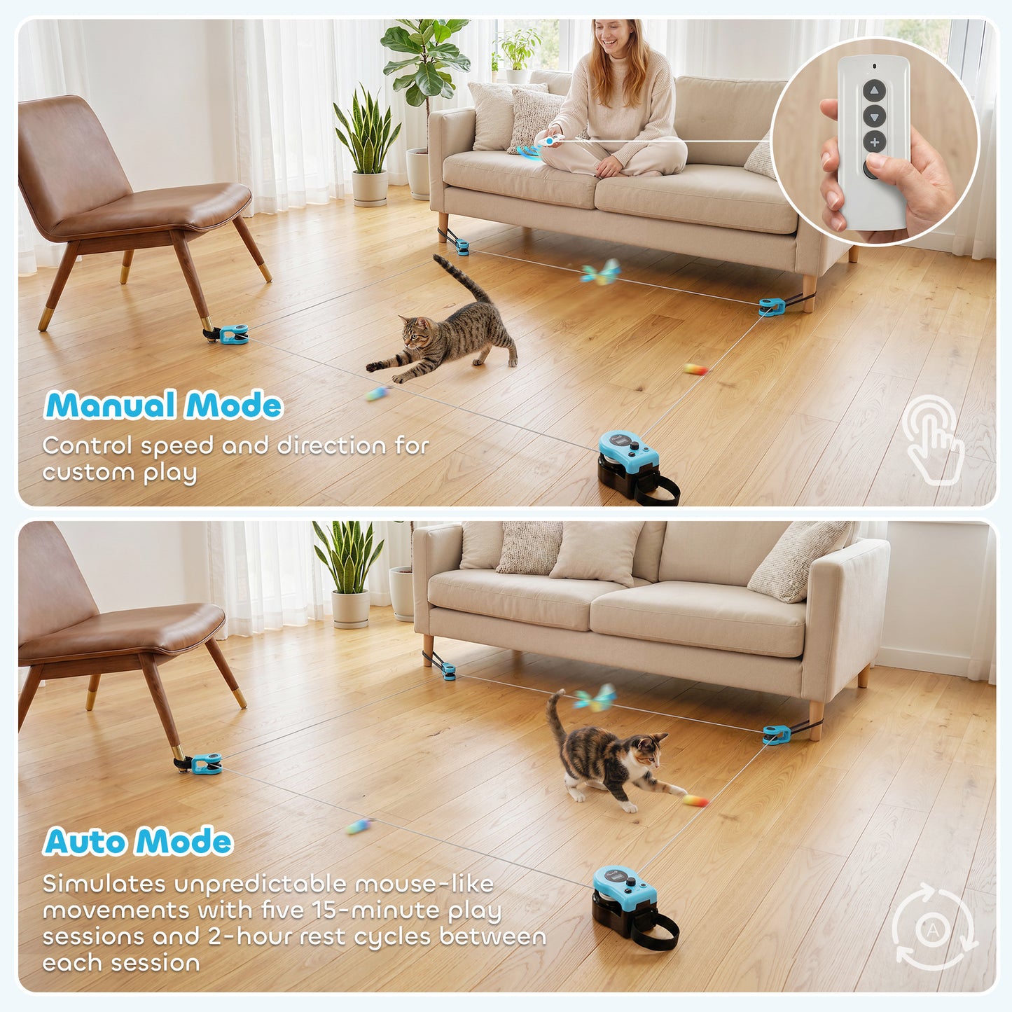 Interactive Cat Toy for Indoor Kittens & Adult, Automatic & Remote Control Electric Cat Toy with Adjustable Speed, DIY Track & Mouse Sound, Rechargeable Boredom Buster