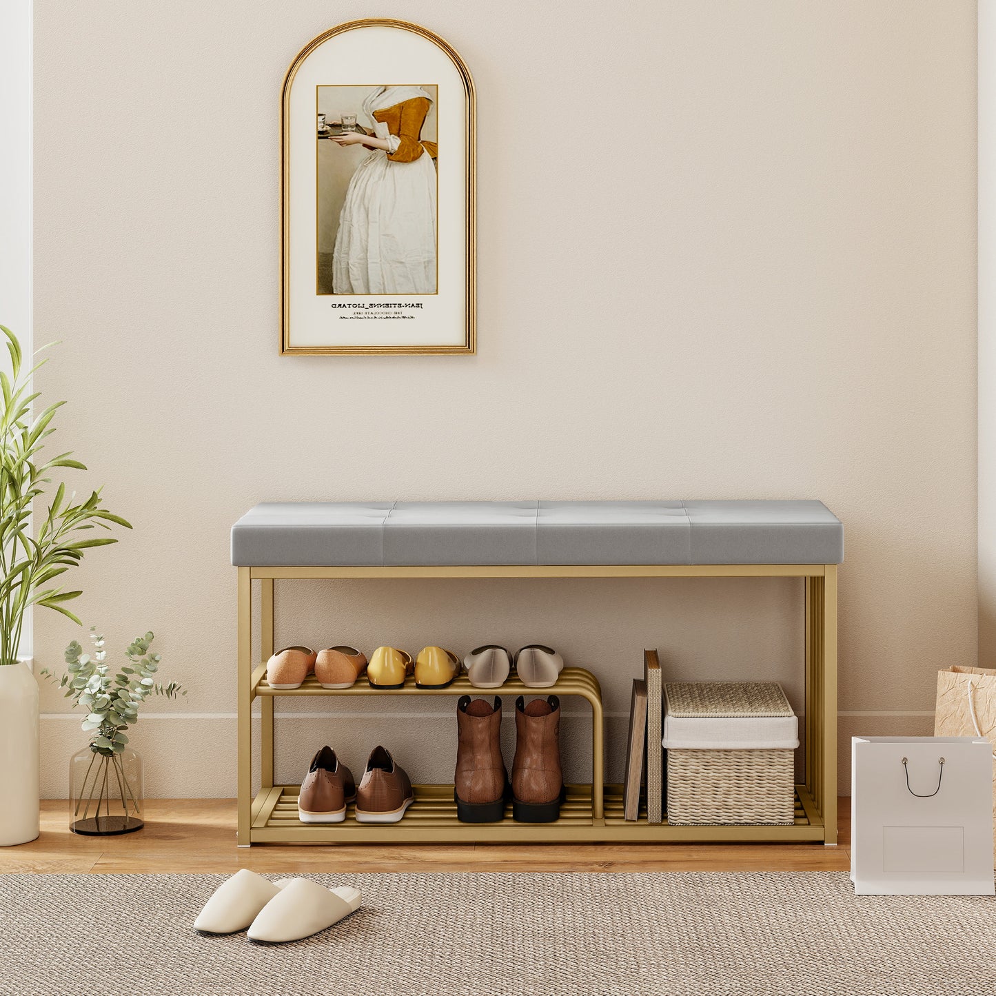 Shoe Storage Bench with Seat Cushion Tufted Shoe Rack Bench Grey