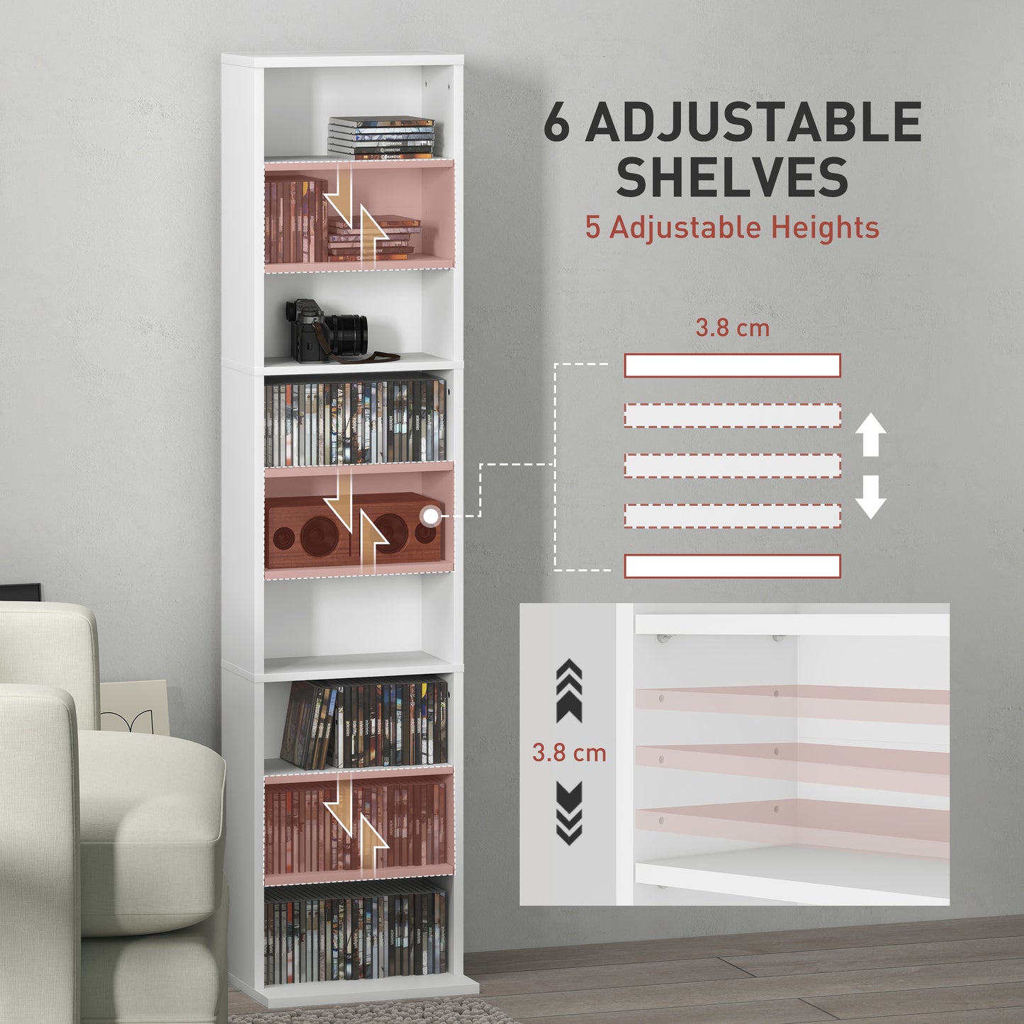 260 CD Storage Unit 120 DVD Storage Tower with 9 Compartments White
