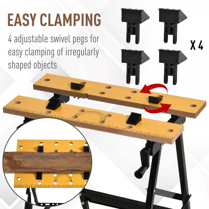 DURHAND 4-in-1 Work Bench, Saw Horse Folding Clamp Table w/ 4 Adjustable Clamping Pegs for DIY Home Garage, Black