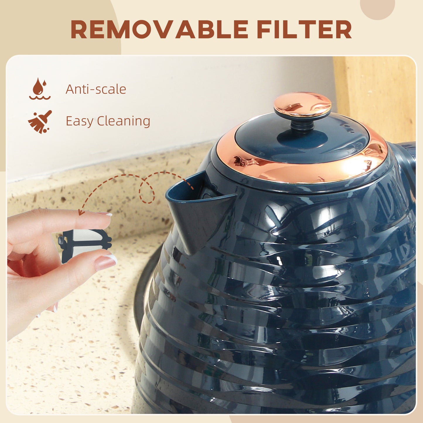 Electric Kettle, Fast Boil, 1.7L, 3kW, Swivel, Dark Blue Ripple