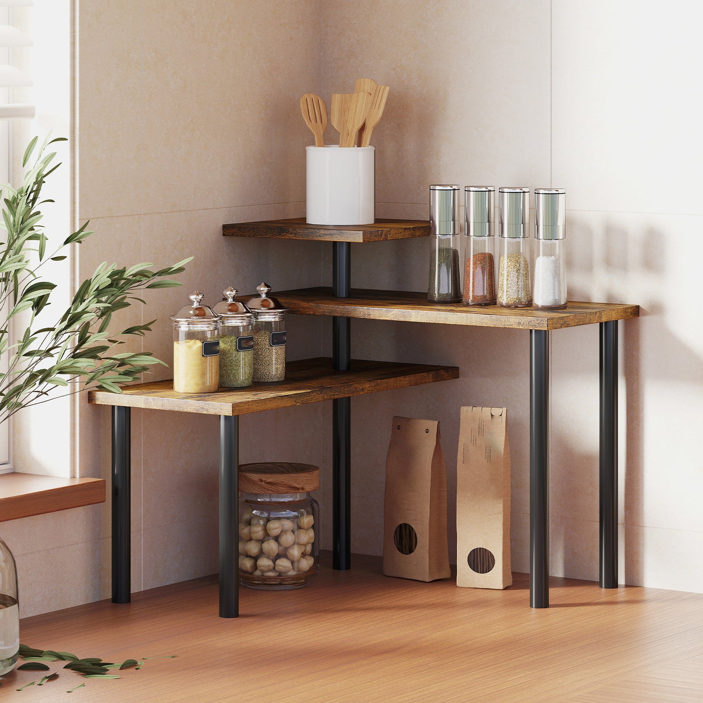3-Tier Kitchen Countertop Organizer for Spice Rack,Rustic Brown