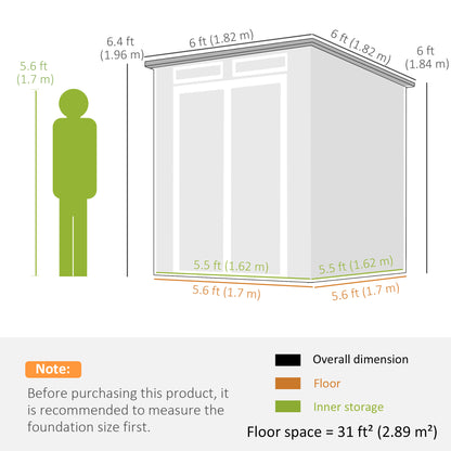 6 x 6 ft Plastic Garden Shed with Floor, Lockable Doors, Grey
