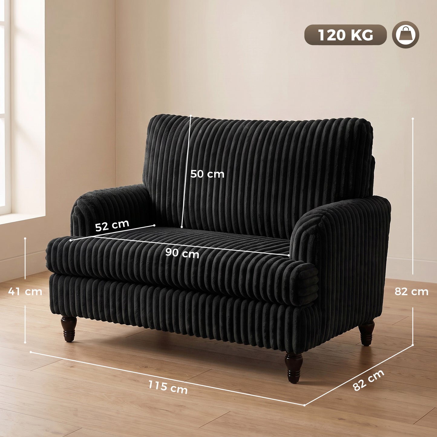 Corduroy Single Sofa Armchair with Stripes, Black
