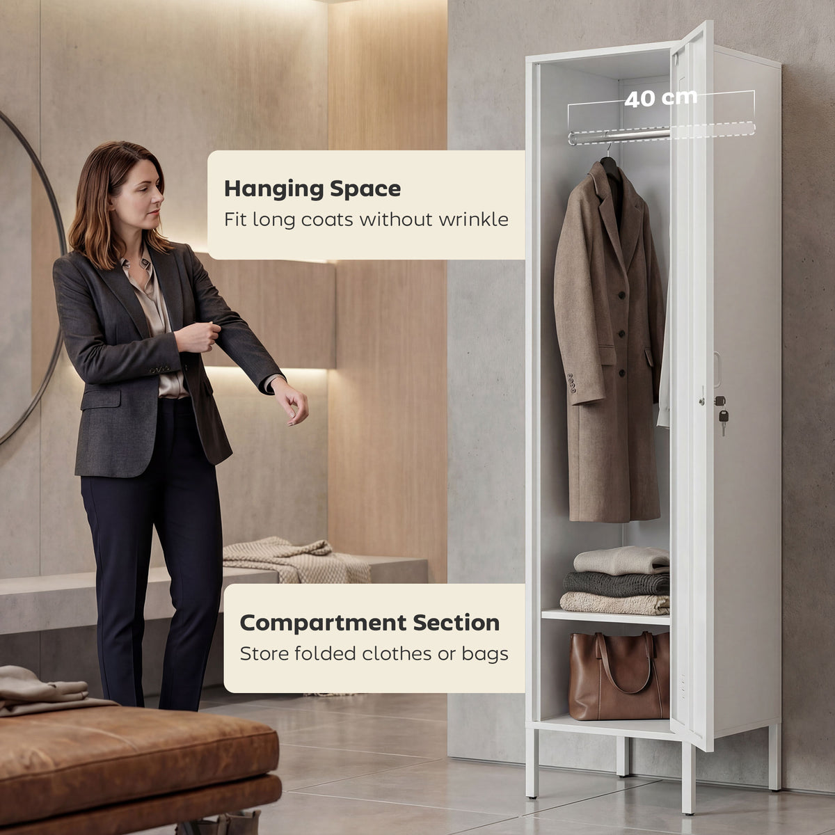 Lockable Steel Storage Locker with Hanging Rail and Shelf - White
