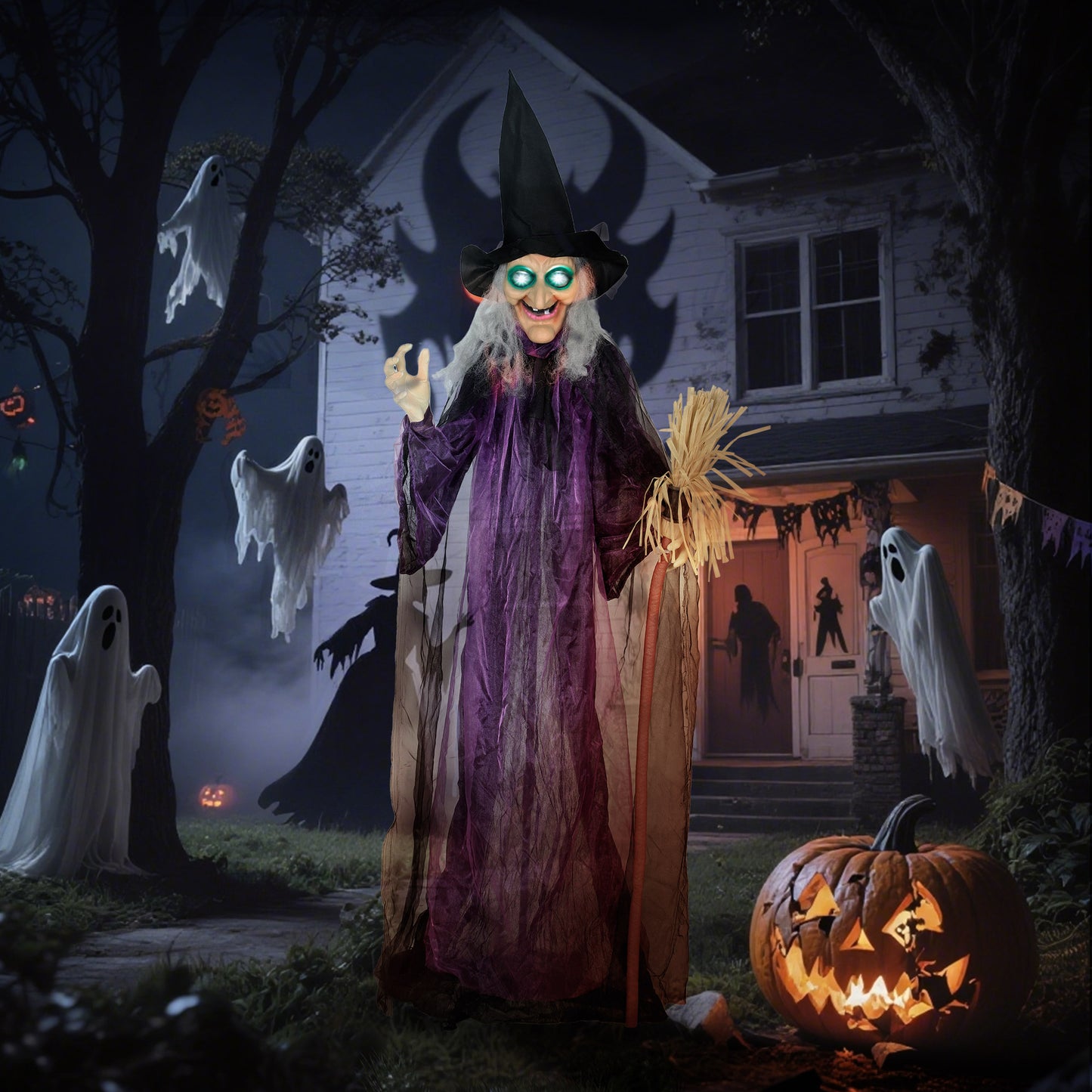 Voice Activated Halloween Animatronics Standing Witch, Purple