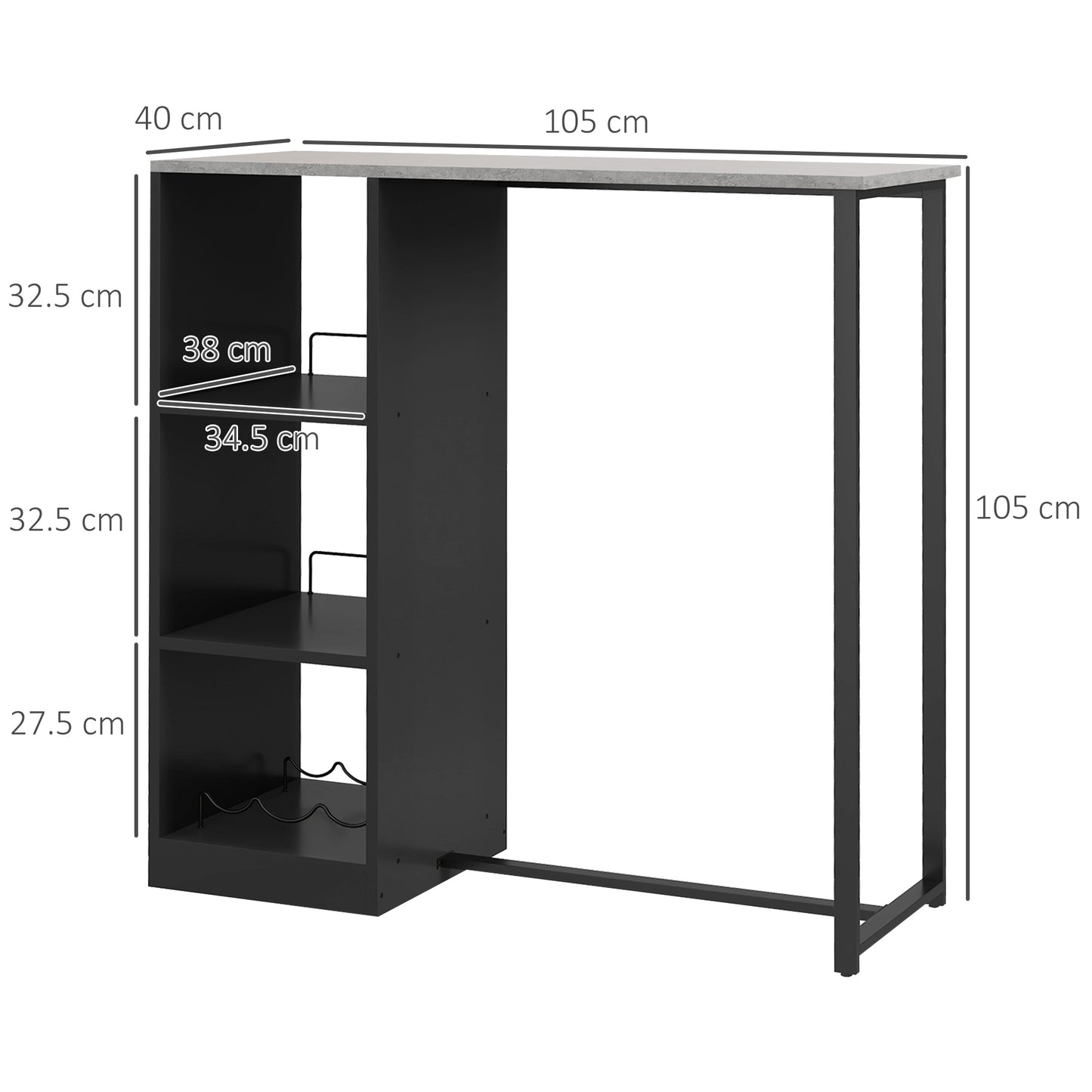105 cm Rectangular Bar Table for 2 People with Wine Rack, Modern Breakfast Bar Table with 3 Storage Shelves and Faux Marble Top for Kitchen, Black