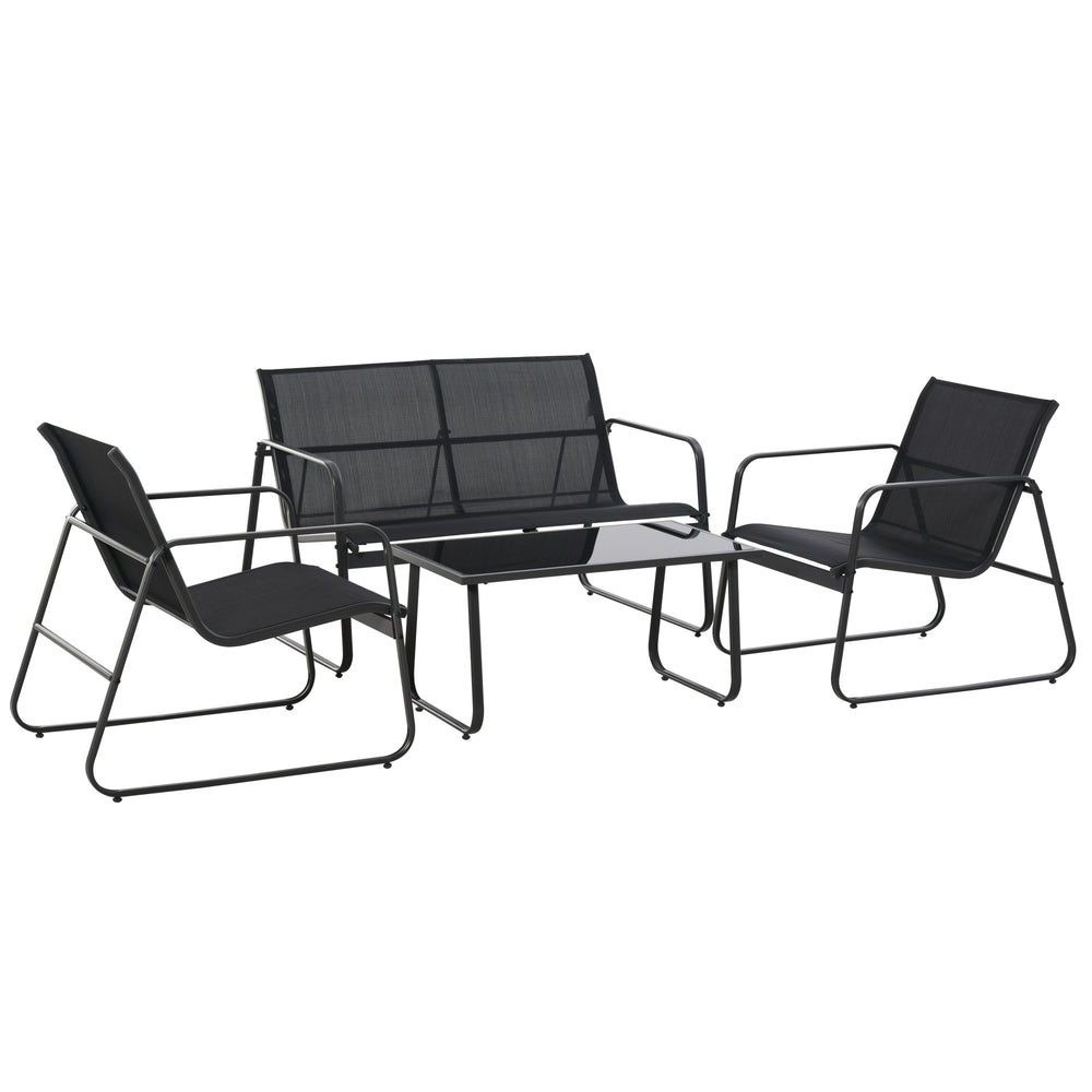 4 Piece Garden Furniture Set Outdoor Patio Sofa Set with Double Chair, Single Chairs and Glass Top Table for Terrace and Balcony, Black