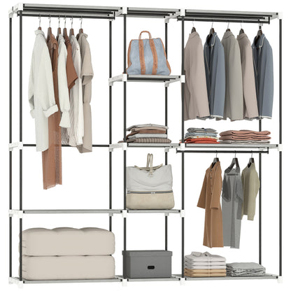 Portable Wardrobe, Open Clothes Wardrobe with 8 Shelves, 3 Hanging Rails, Freestanding Coat Rack Organiser, 182 x 43 x 185cm, Light Grey