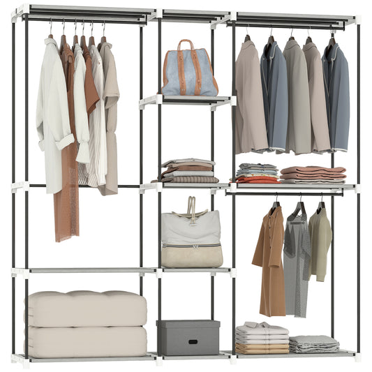 Portable Wardrobe, Open Clothes Wardrobe with 8 Shelves, 3 Hanging Rails, Freestanding Coat Rack Organiser, 182 x 43 x 185cm, Light Grey