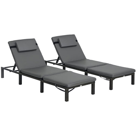 2 Pieces Rattan Sun Loungers w/ Padded Cushion for Poolside Dark Grey