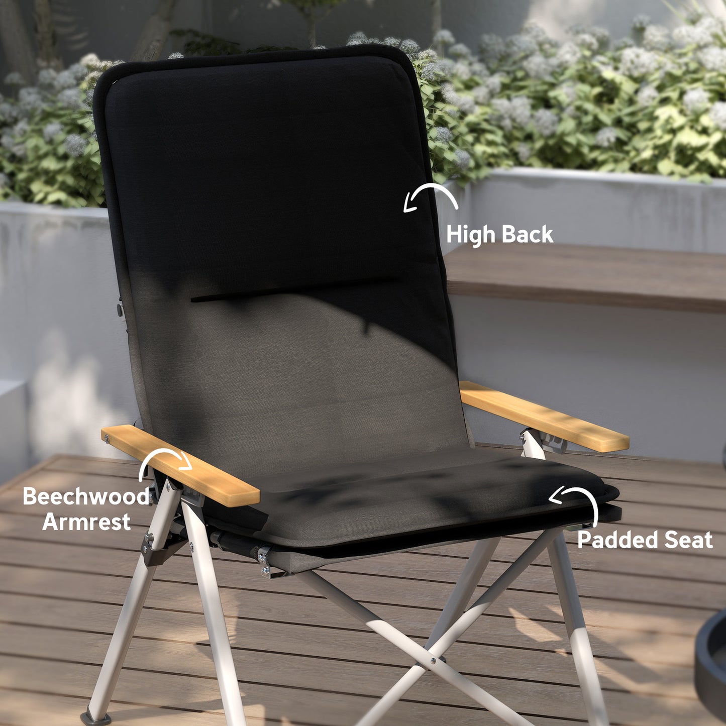 Padded Camp Chair Outdoor High Back Folding Recliner with Bag Black