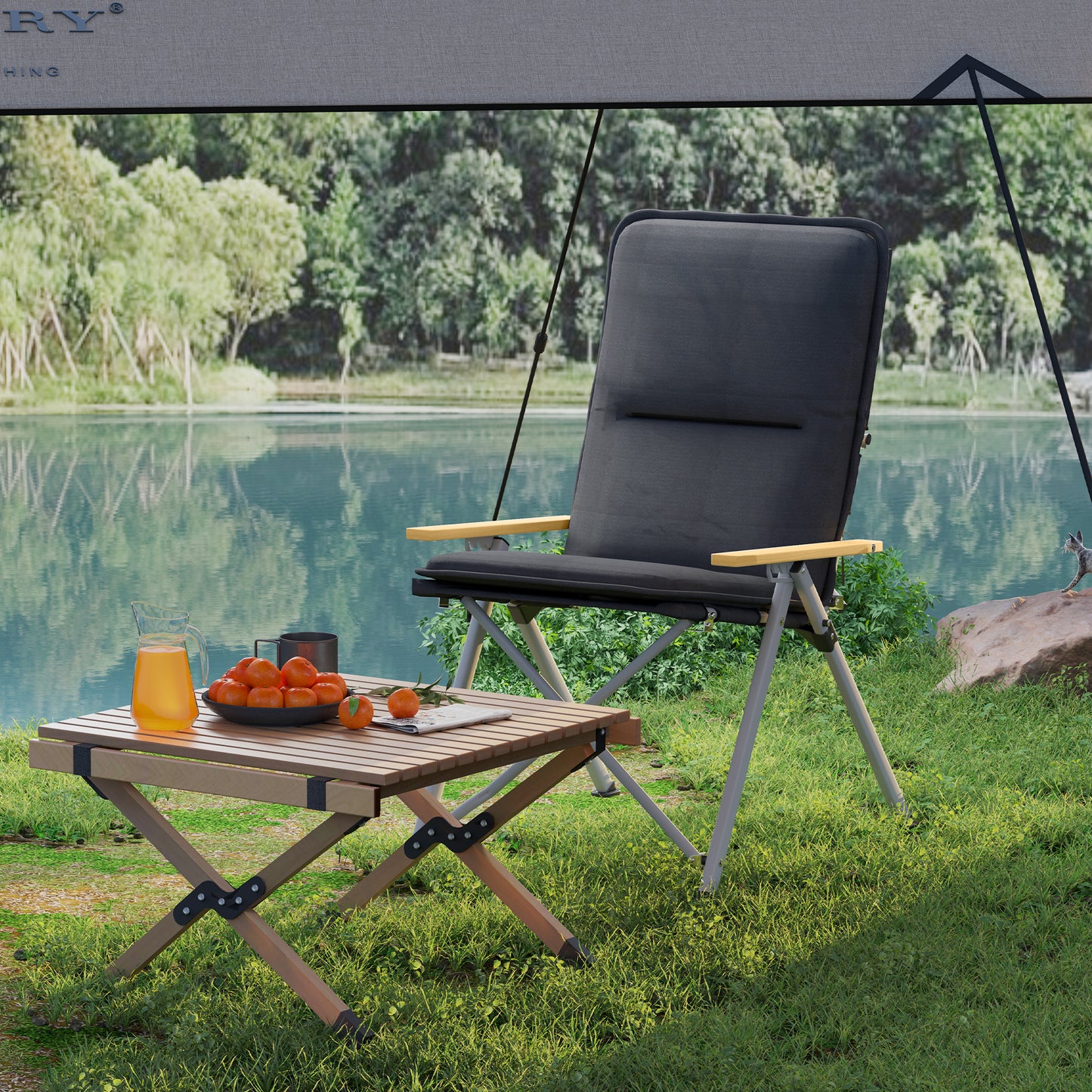 Padded Camp Chair Outdoor High Back Folding Recliner with Bag Black
