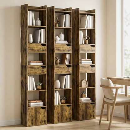 Bookcase with Drawers and Cabinet, 5-Tier Bookshelf, Narrow Tall Storage Cabinet with Anti-Tip for Living Room, Study, Home Office, Rustic Brown