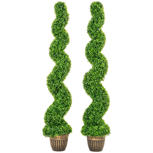 Set of 2 Potted Artificial Plants, Topiary Spiral Boxwood Trees