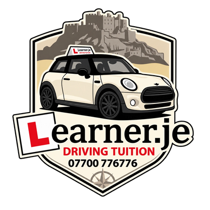 Learner.je shield badge and Mini car-square
