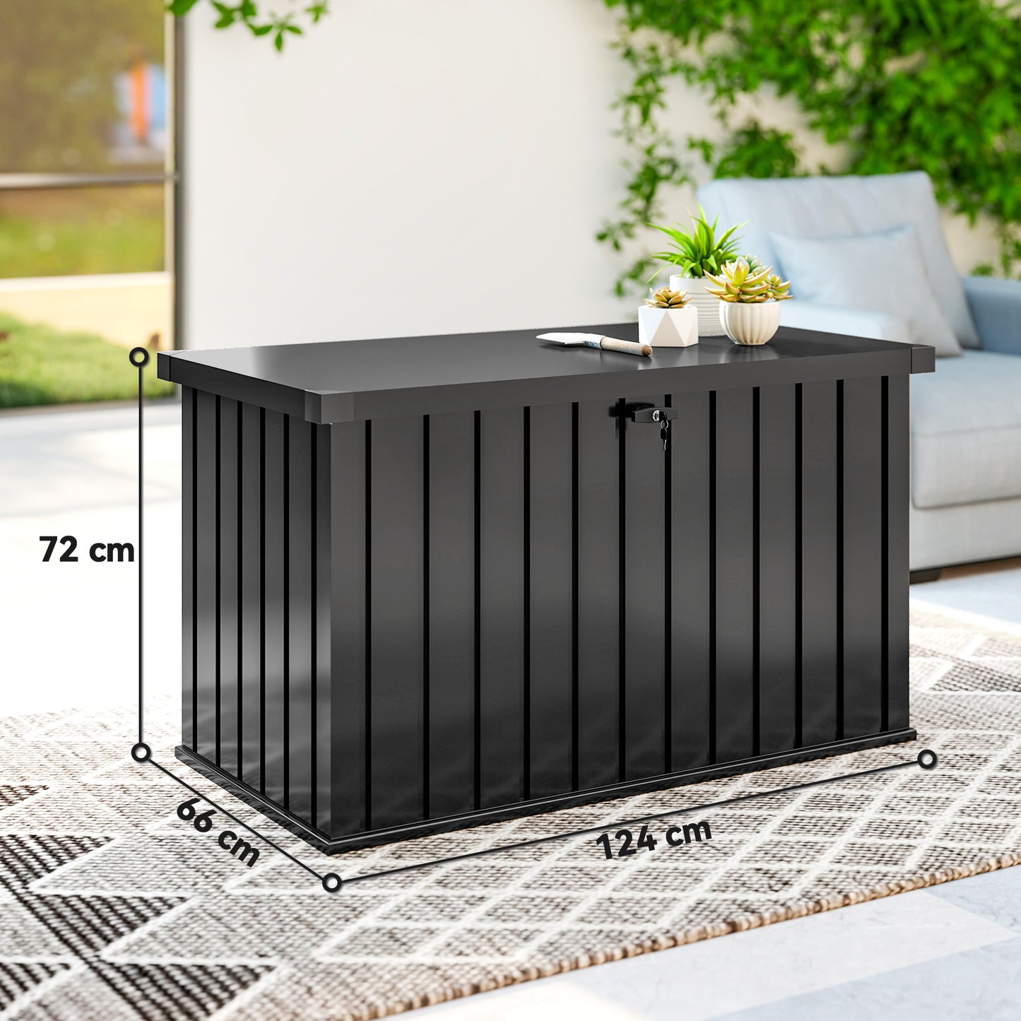 400L Garden Storage Box, Waterproof Metal Storage Container with Lockable Lid, Outdoor Deck Box for Patio, Porch, Balcony, 124 x 66 x 72 cm, Black