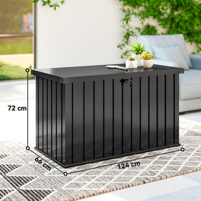 400L Garden Storage Box, Waterproof Metal Storage Container with Lockable Lid, Outdoor Deck Box for Patio, Porch, Balcony, 124 x 66 x 72 cm, Black