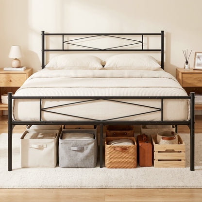4ft6 Double Bed Frame with Headboard and Footboard, Metal Platform Bed Frame with 32 cm Underbed Storage, Steel Slat Support, Noise-Free, No Box Spring Needed, Easy Assembly, Black