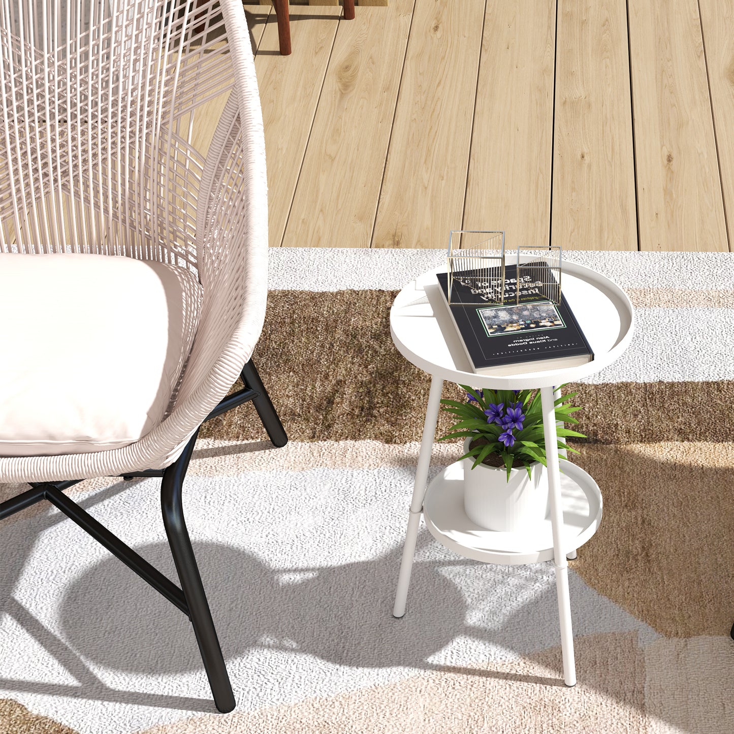 Round Garden Table, 2-Tier Metal Patio Table Coffee Table, White