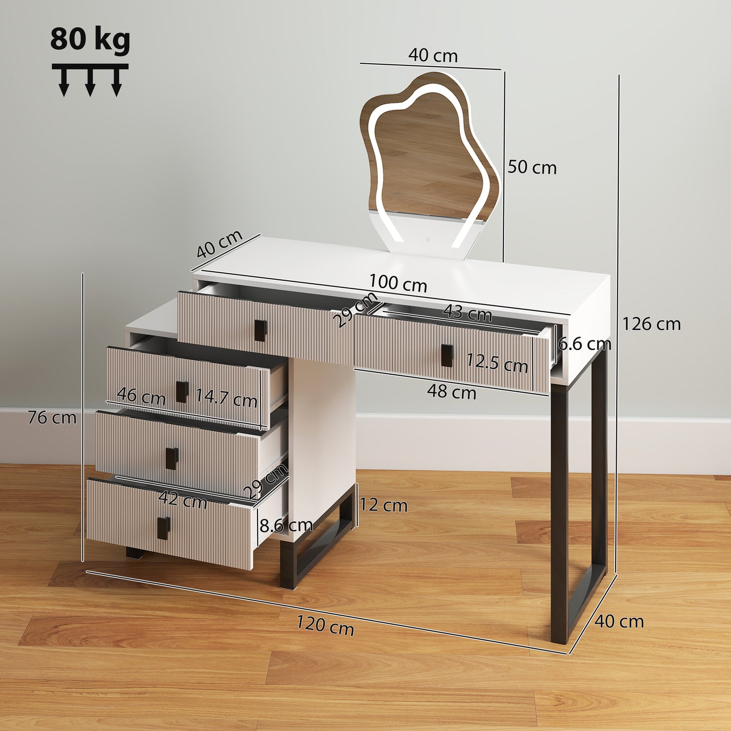 Dressing Table with LED Leaf Shape Mirror and 5 Drawers, White