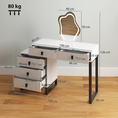 Dressing Table with LED Leaf Shape Mirror and 5 Drawers, White