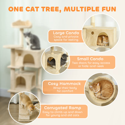 140cm Cat Tree Tower with Sisal Scratching Posts, Condos, Beige