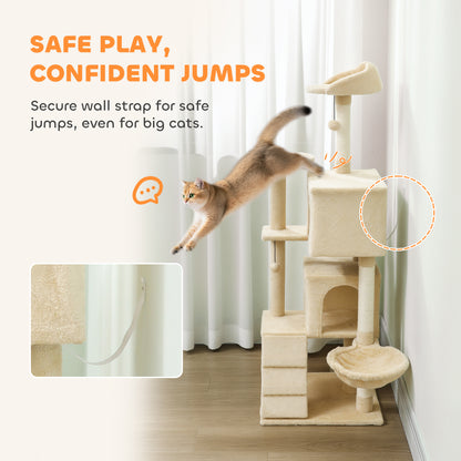 140cm Cat Tree Tower with Sisal Scratching Posts, Condos, Beige