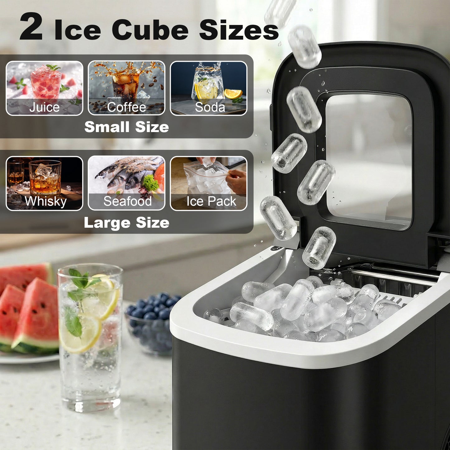 Countertop Ice Maker Machine Self-Cleaning 2 Sizes Black