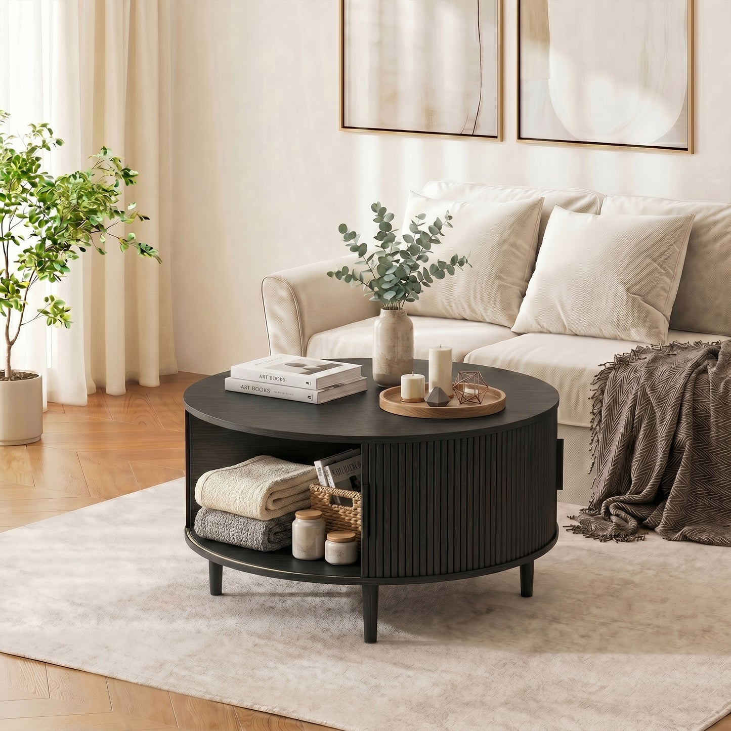 Round Coffee Table with Storage, 80 cm Modern Centre Table with Fluted Sliding Cabinet Door and Lift Top, Wood Circle Drum Table for Living Room, Black Wood Effect