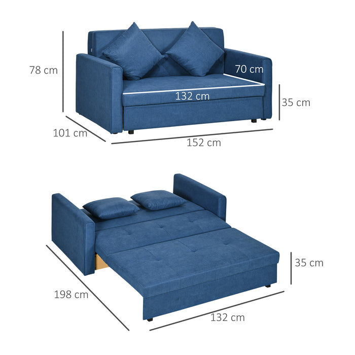 2 Seater Sofa Bed, Convertible Bed Settee, Modern Fabric Loveseat Sofa Couch w/ Cushions, Hidden Storage for Guest Room, Blue